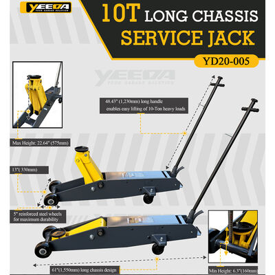 10T Capacity Long Chassis Service Jack with 61" Chassis and 5" Reinforced Steel Wheels